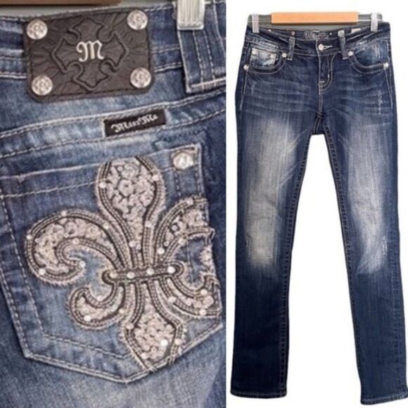 Miss Me Jeans FDL Easy Straight Dark Wash Rhinestone Bling Pockets Size 26 | 2 - Picture 1 of 15